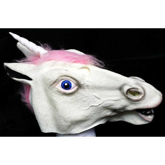 White Unicorn Horse Full Face Mask Cosplay Rubber Creepy Halloween Costume Pink - Picture 1 of 11